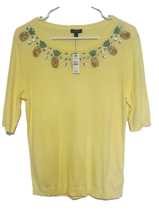Talbots Sweaters - NWT Talbots Beaded Pineapple Sweater Women’s Small Yellow Embellished Top